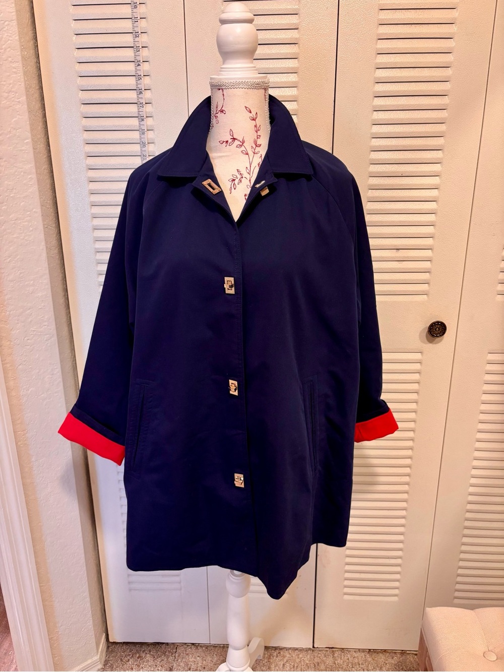 Gretchen Scott Designs Navy Coat with Red Cuff Detail